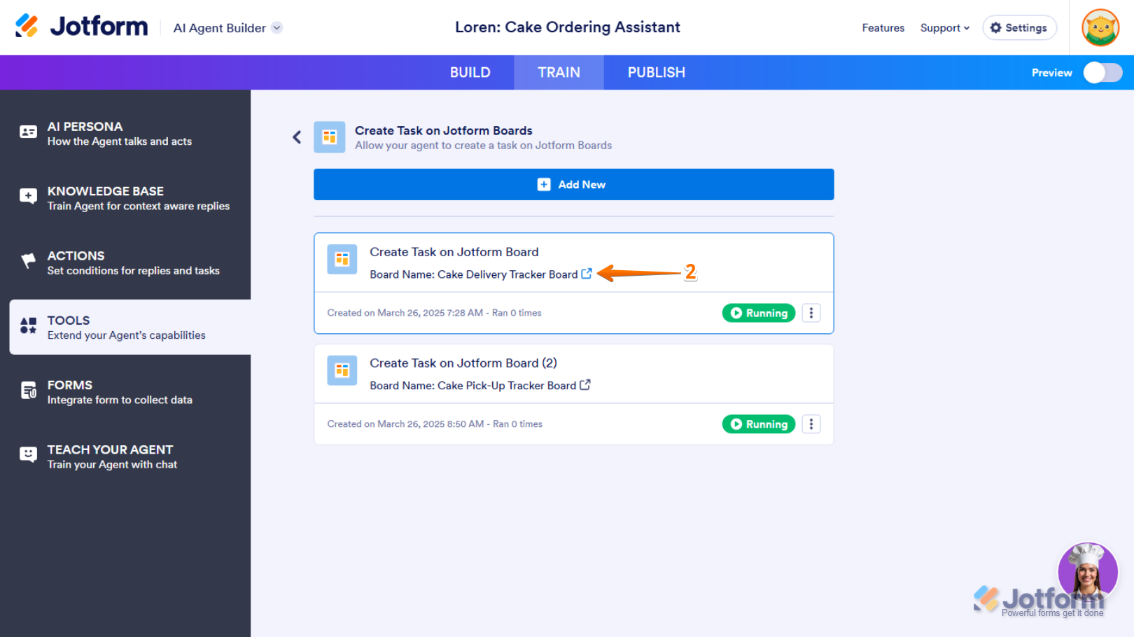 Connected board link in the Create Task on Jotform Boards section in Tools menu of the Train tab in Jotform AI Agent Builder