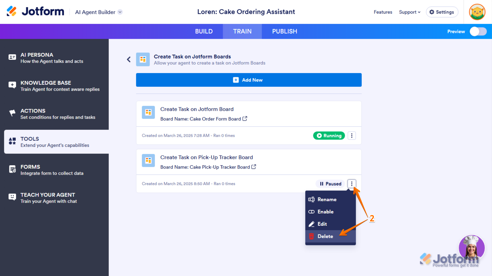 Delete option of a Create Task on Jotform Boards tool in the Create Task on Jotform Boards section in Tools menu of the Train tab in Jotform AI Agent Builder