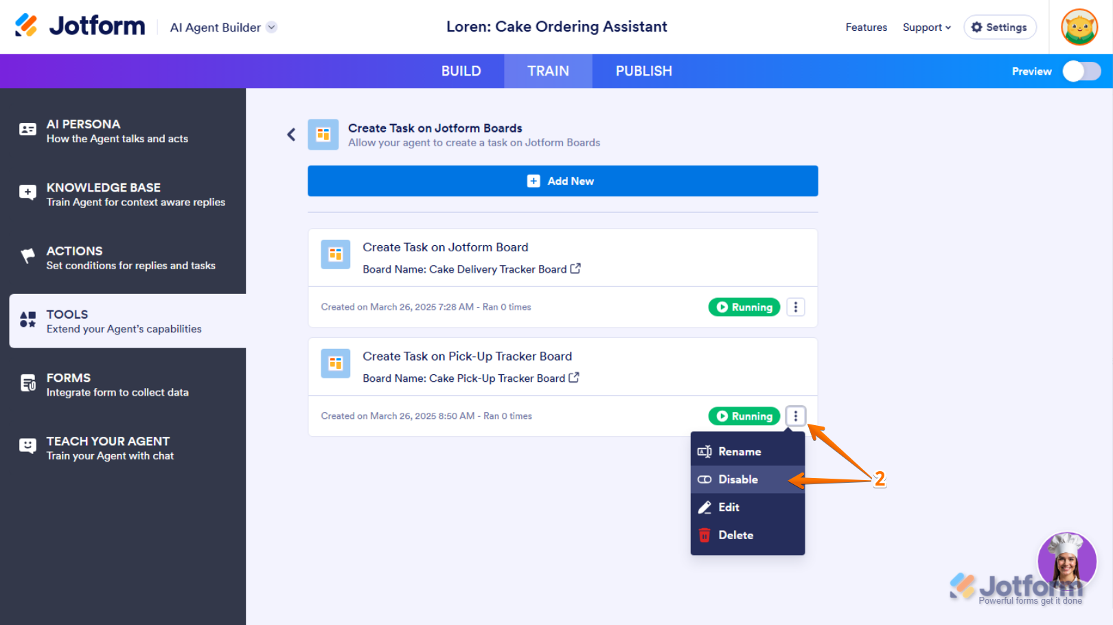 Disable option of a Create Task on Jotform Boards tool in the Create Task on Jotform Boards section in Tools menu of the Train tab in Jotform AI Agent Builder