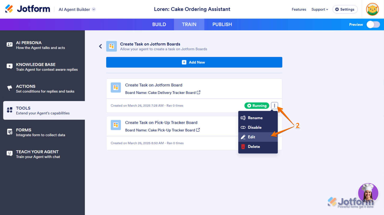 Edit option of a Create Task on Jotform Boards tool in the Create Task on Jotform Boards section in Tools menu of the Train tab in Jotform AI Agent Builder