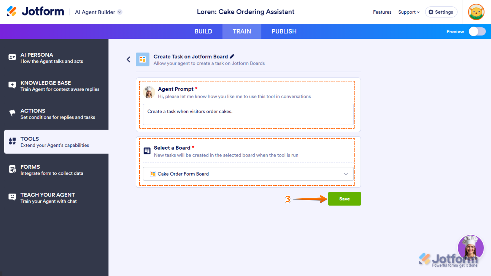 Enter new prompt for AI Agent in the Create Task on Jotform Boards section in Tools menu of the Train tab in Jotform AI Agent Builder