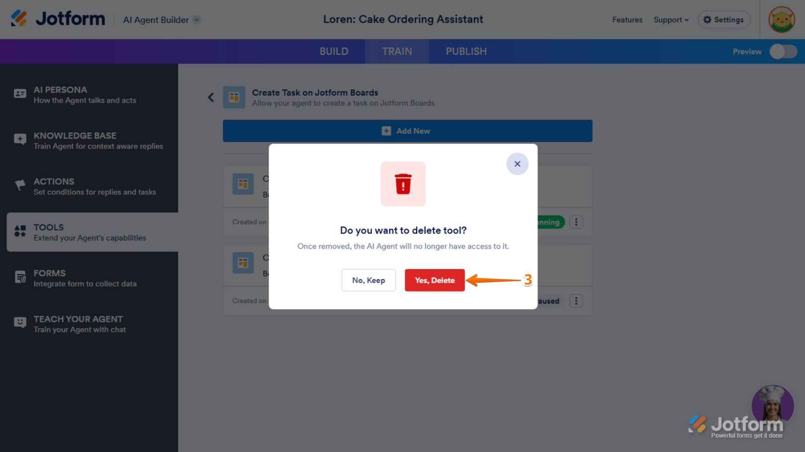 Yes, Delete button in the Delete Confirmation window of a Create Task on Jotform Boards tool in the Create Task on Jotform Boards section in Tools menu of the Train tab in Jotform AI Agent Builder