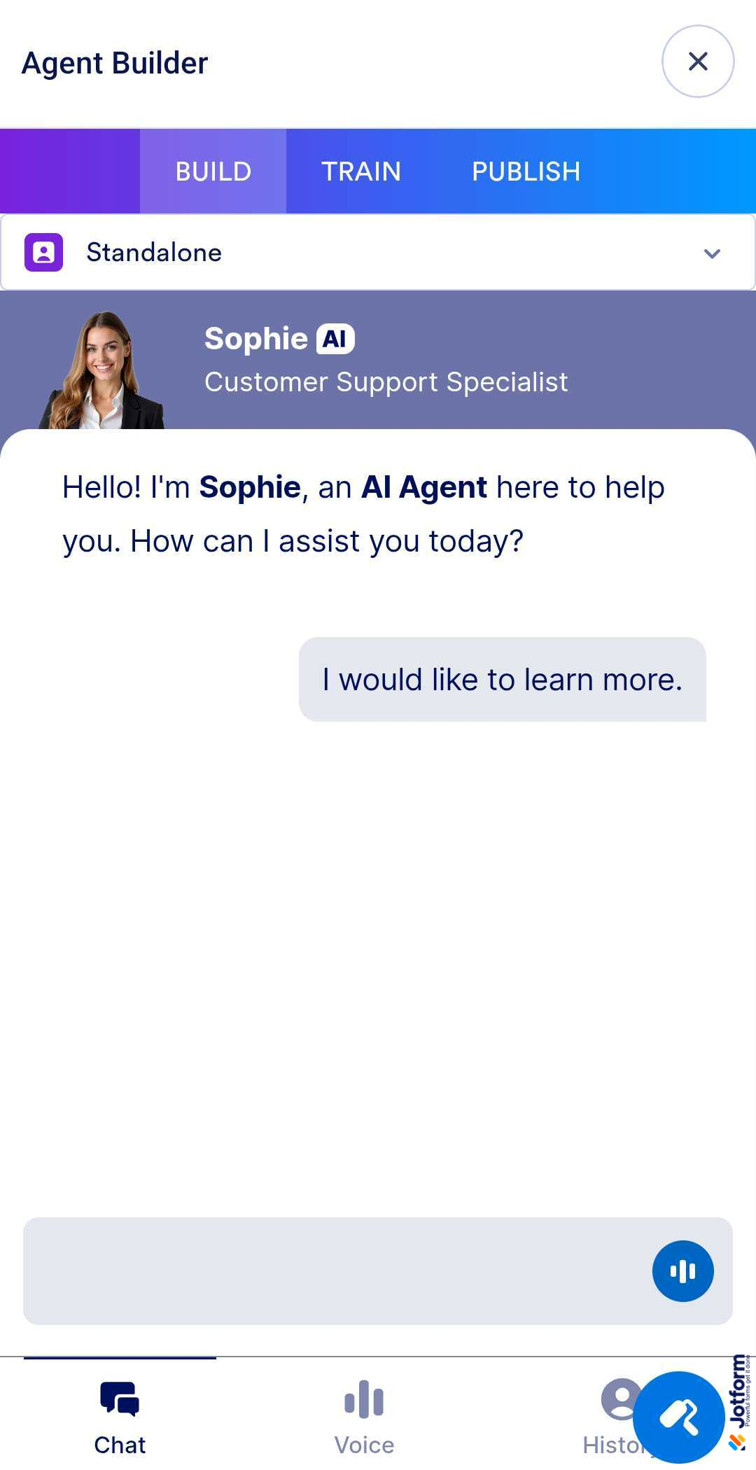 Agent Builder of AI Agent Mobile App in Jotform
