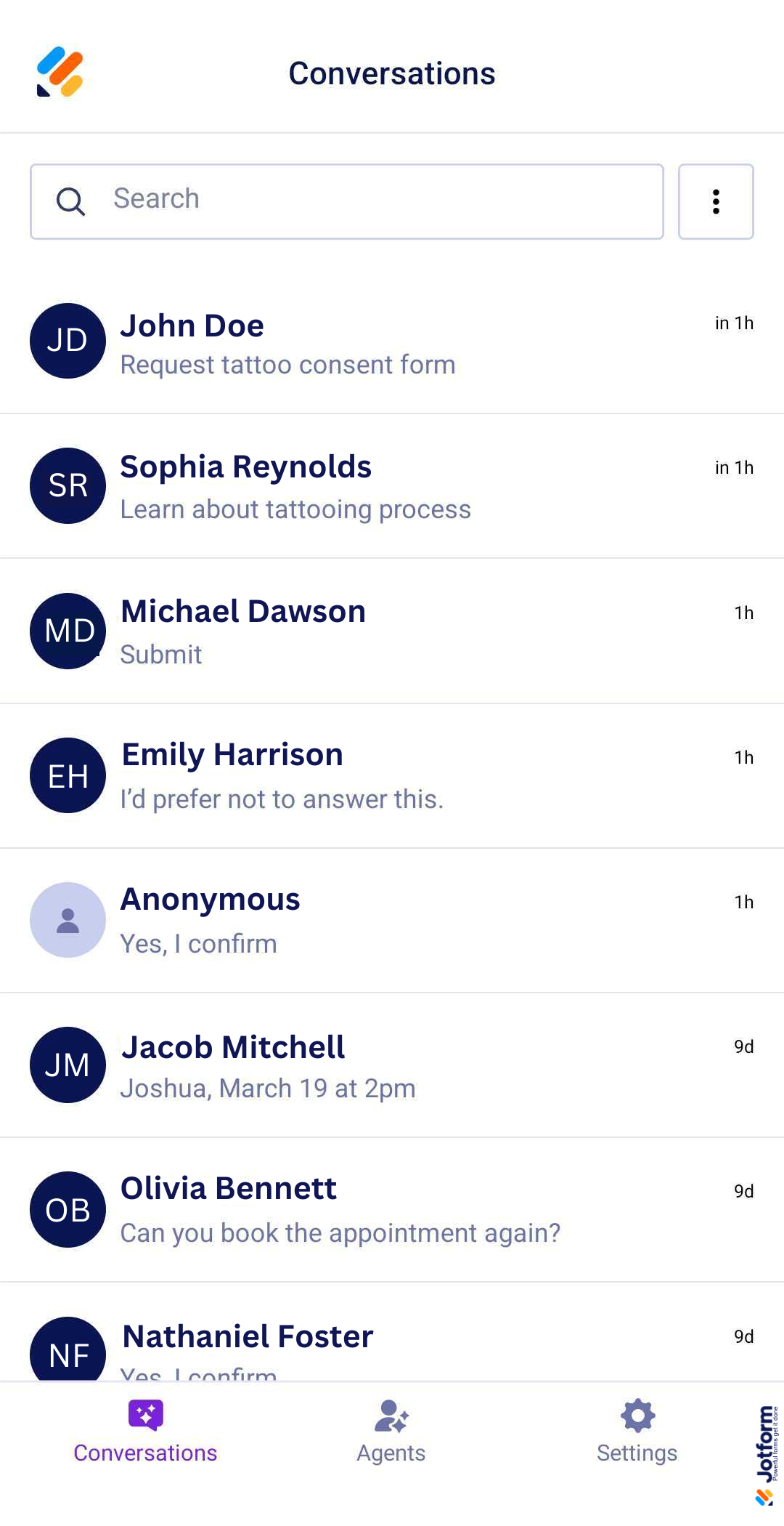 Conversations Section in Jotform AI Agent Mobile App