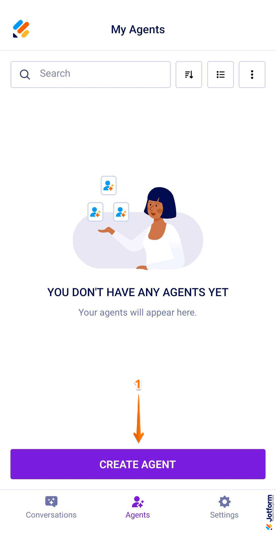 Tap Create Agent in the My Agents section to set up a new AI agent in Jotform