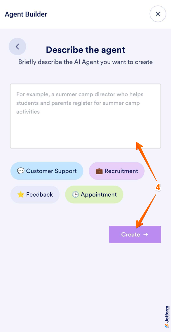 Enter or select a description for your AI Agent and Create button in Jotform