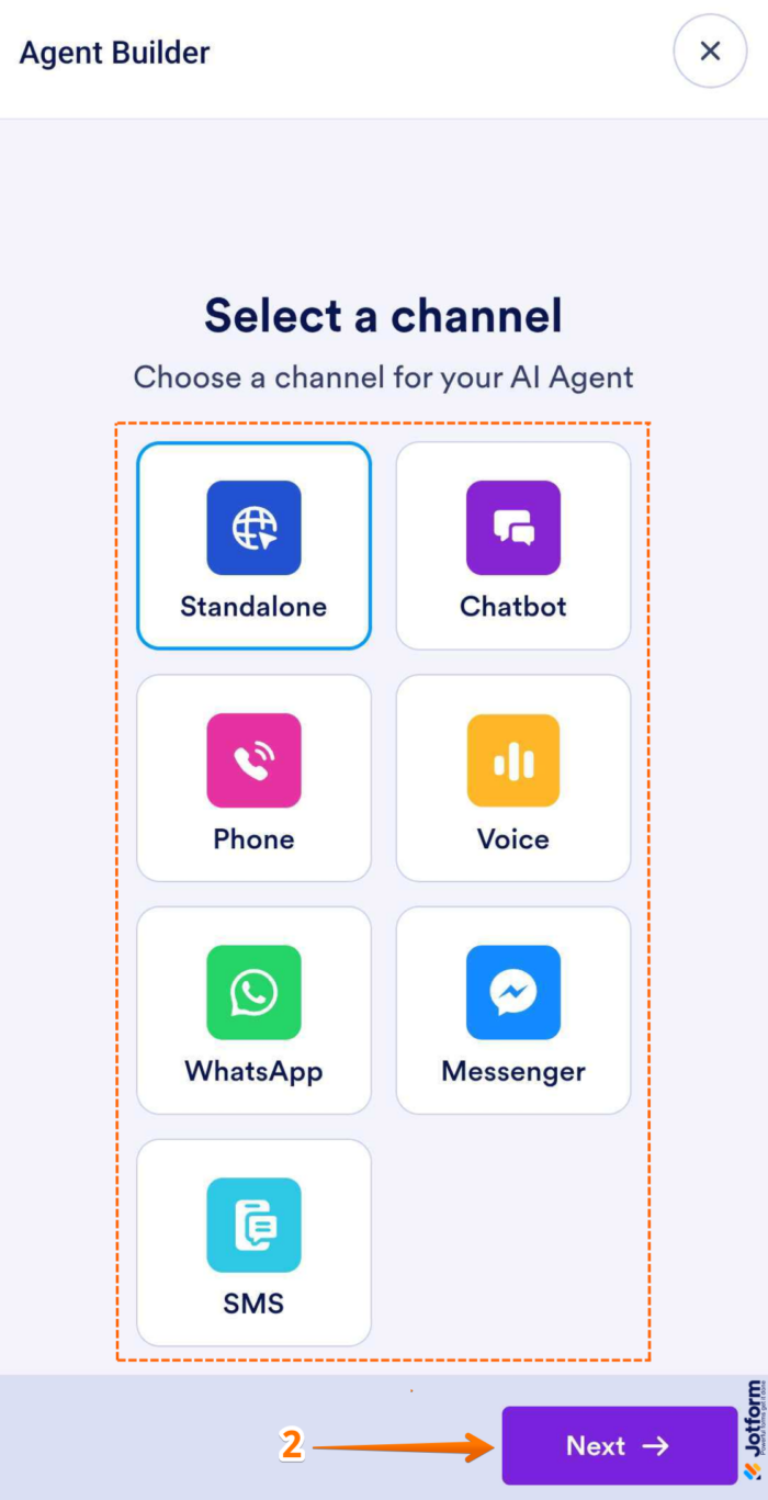 Select a channel for your AI Agent and tap on Next button in Jotform