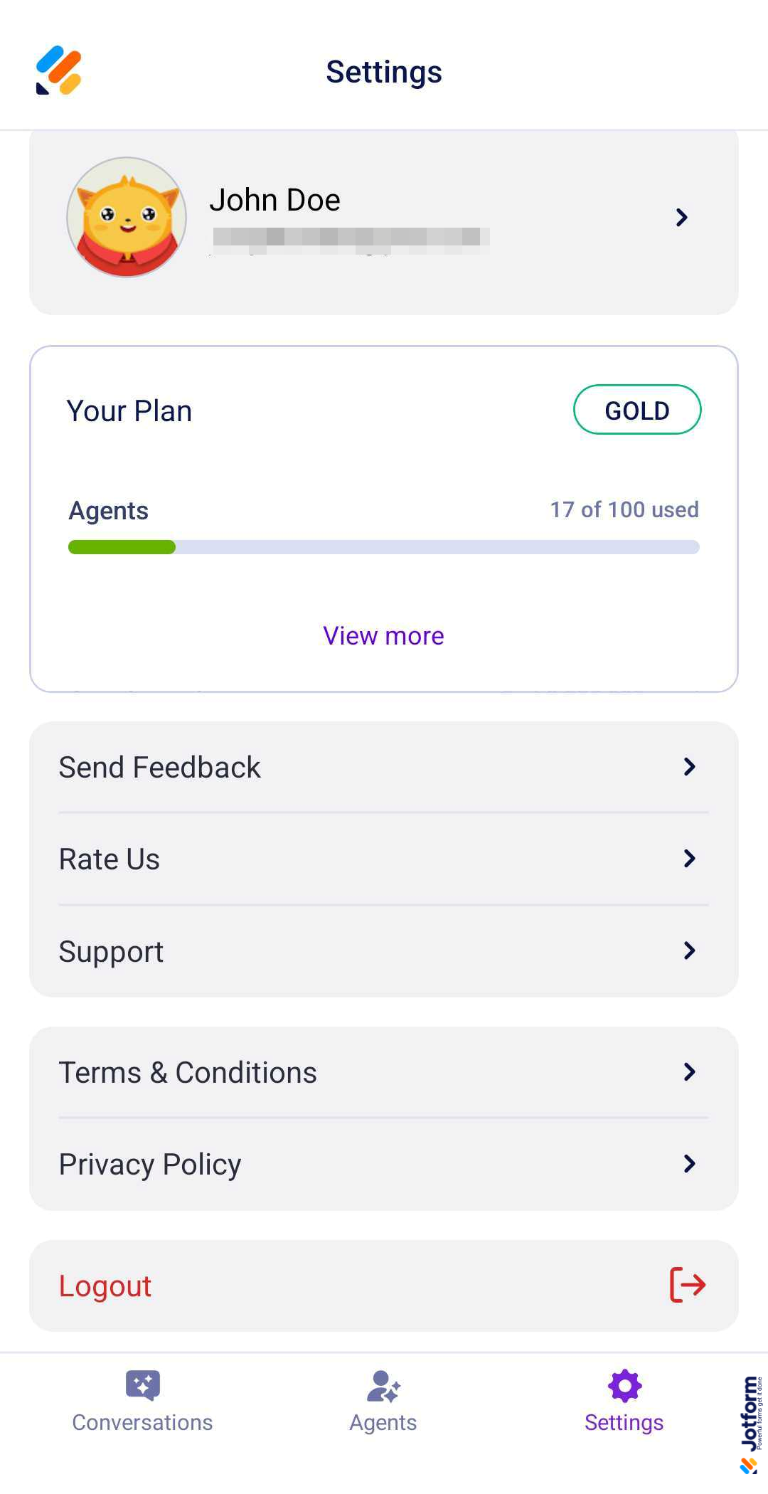 Settings Section in Jotform AI Agent Mobile App