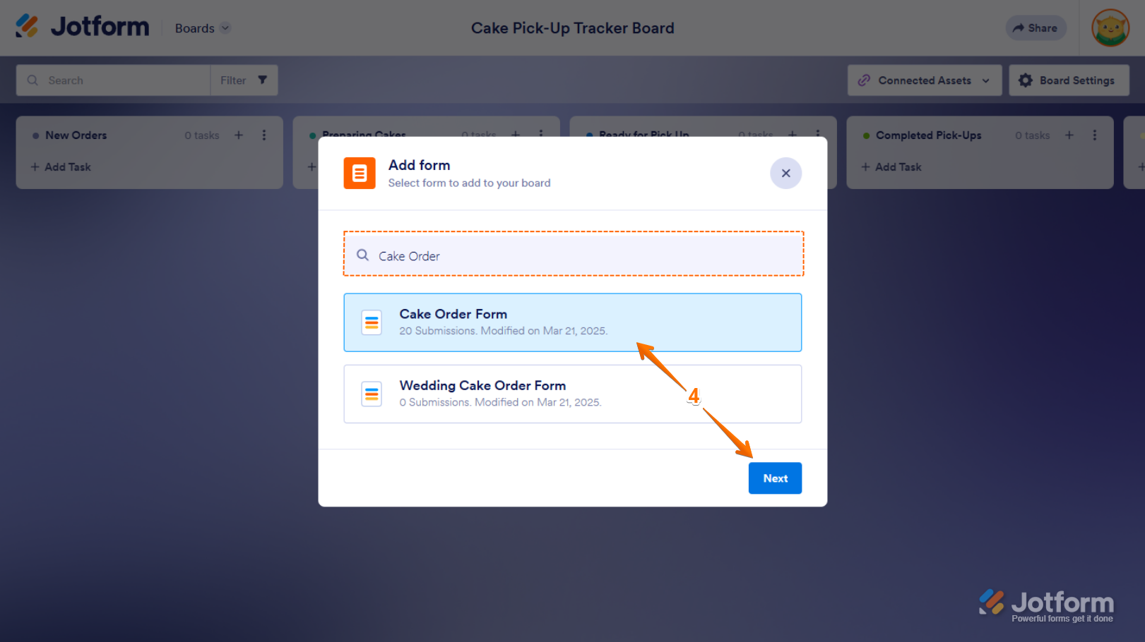 Next button of the Form List menu in the Add Form window of Jotform Boards