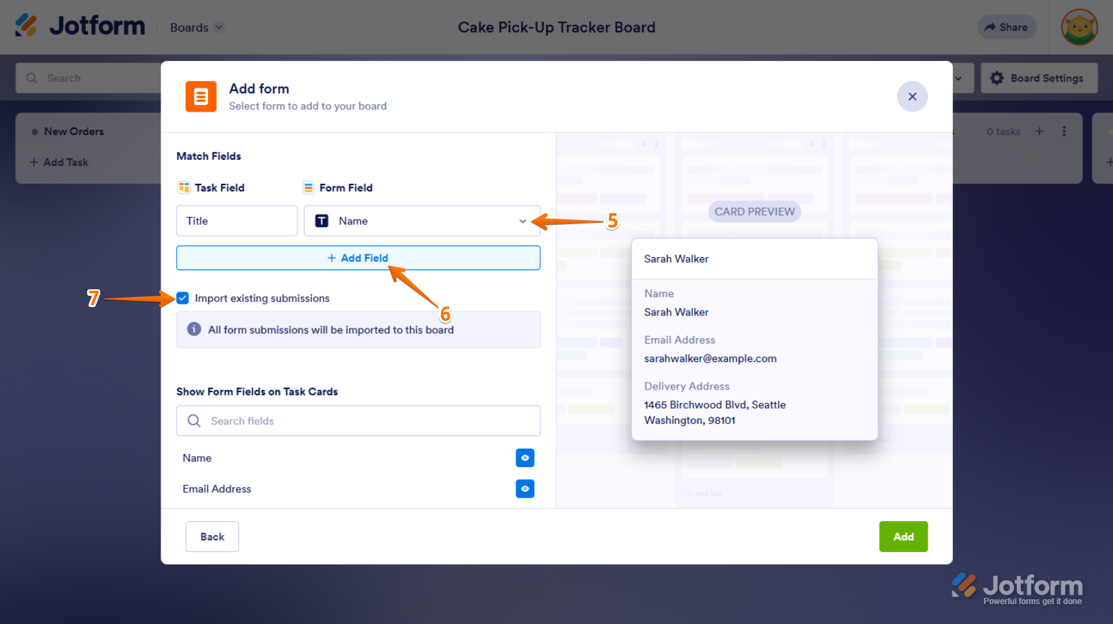 Add Field button in the Match Fields section of the Add Form window in Jotform Boards