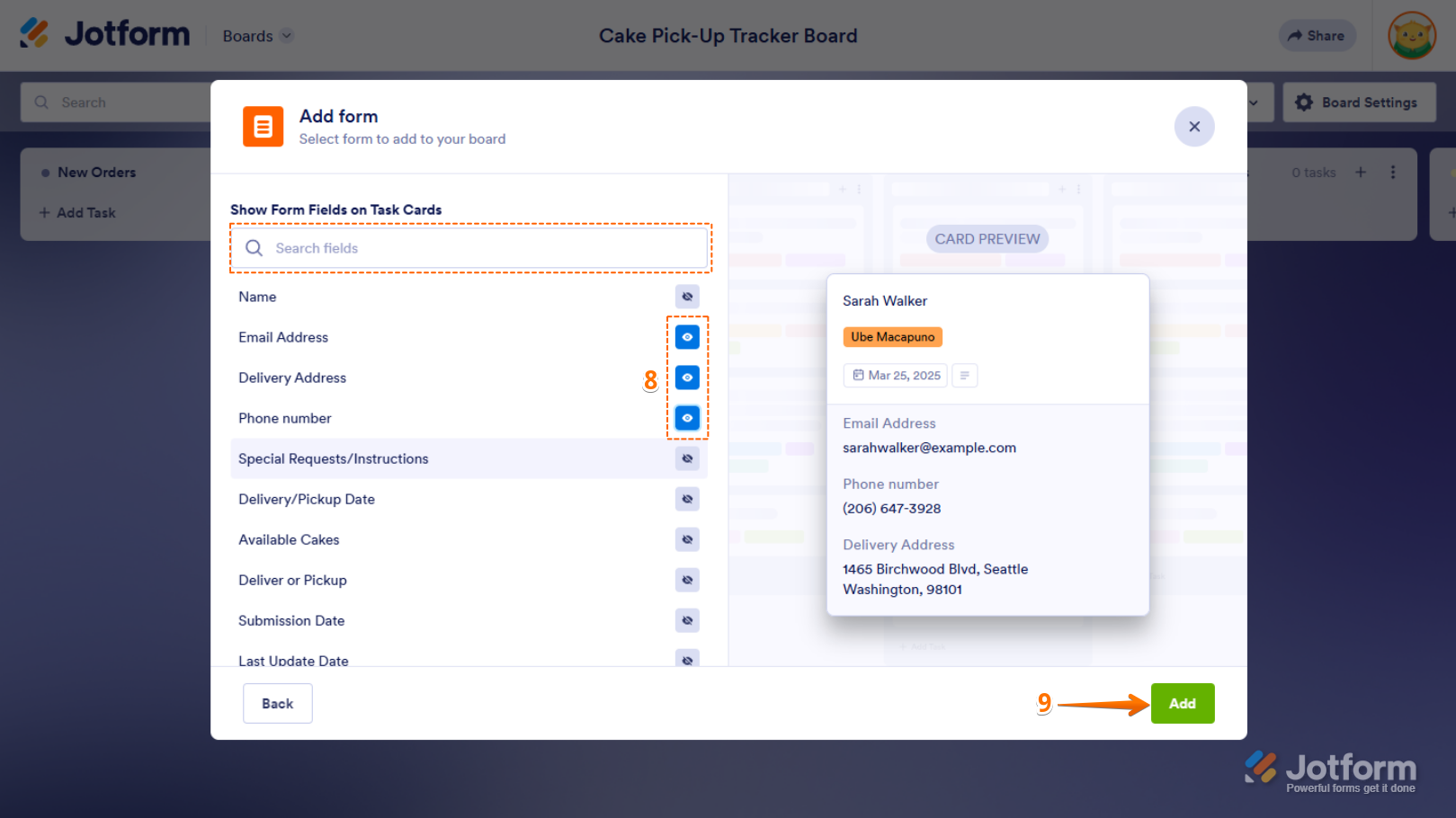 Show Form Fields on Task Cards section of the Add Form window in Jotform Boards