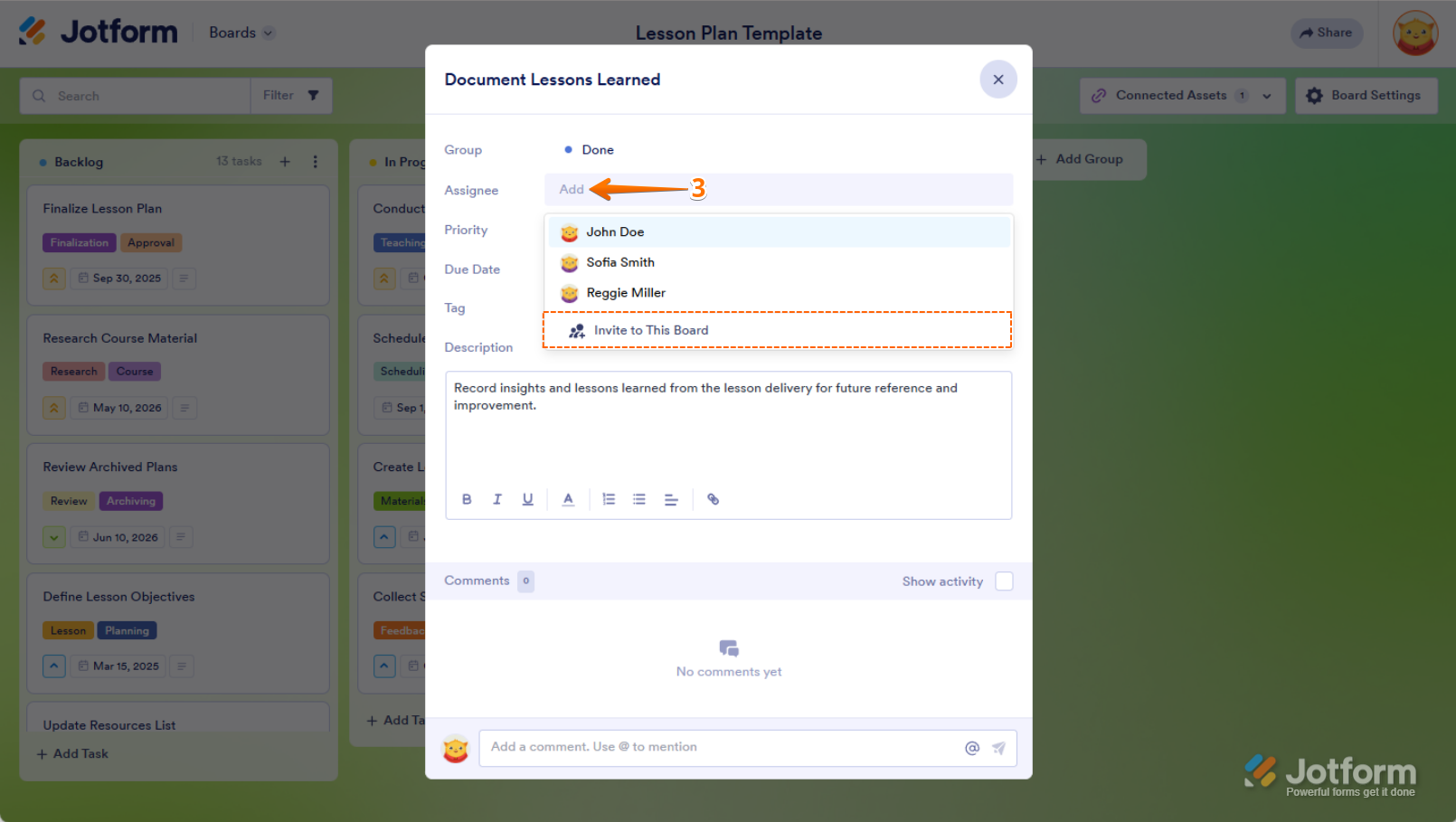 Click the Assignee field, then select Invite to this Board in Jotform