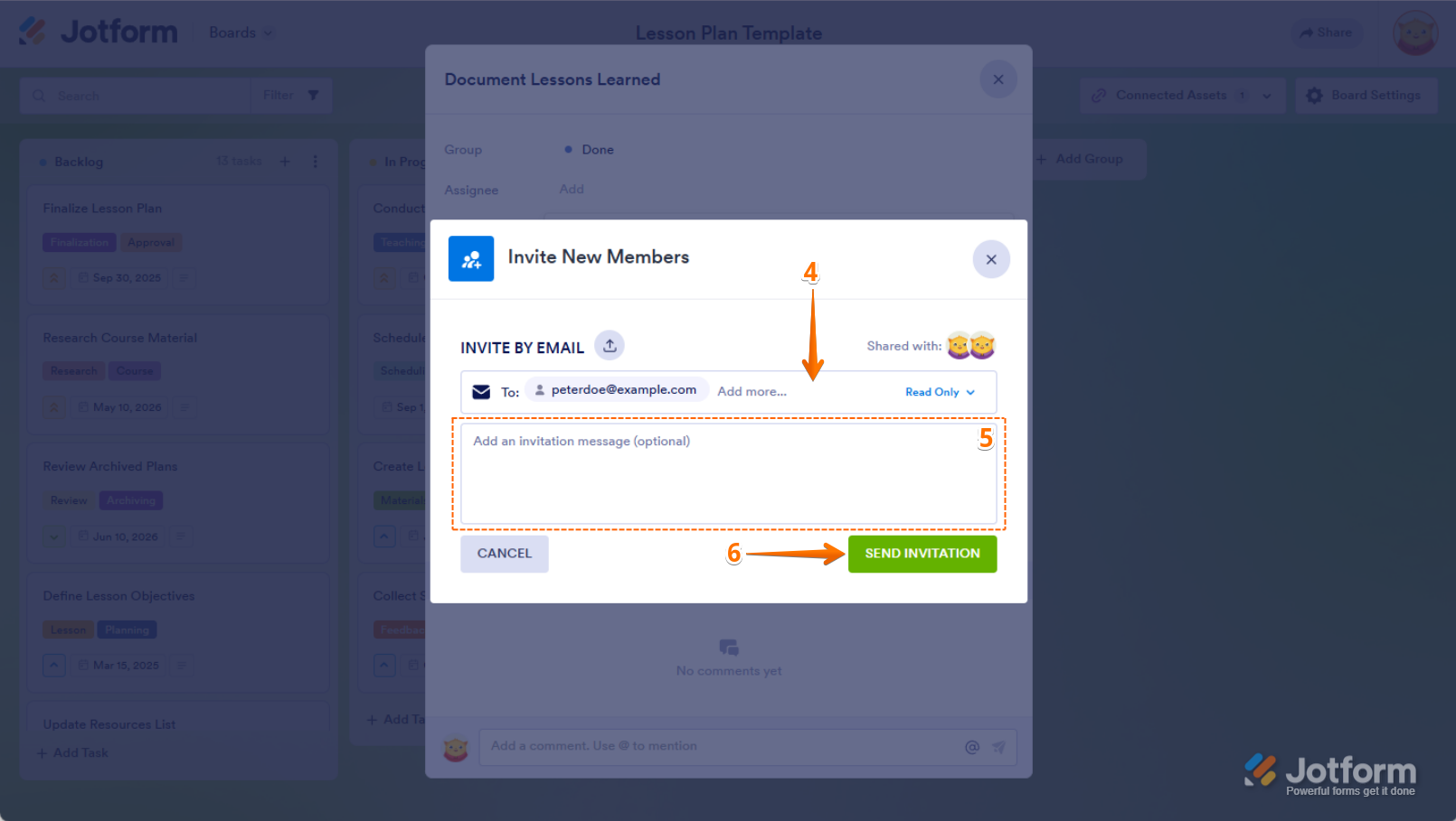 Enter the recipient’s email in the Recipient field, add an optional message, and click Send Invitation in Jotform