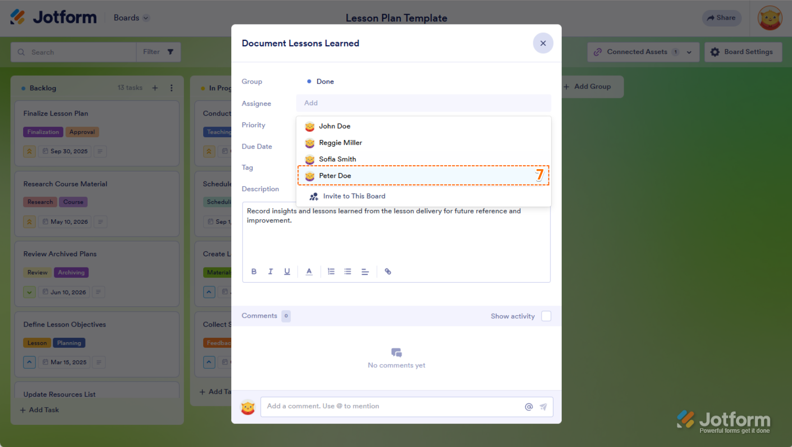 Selecting a New Assignee in Jotform