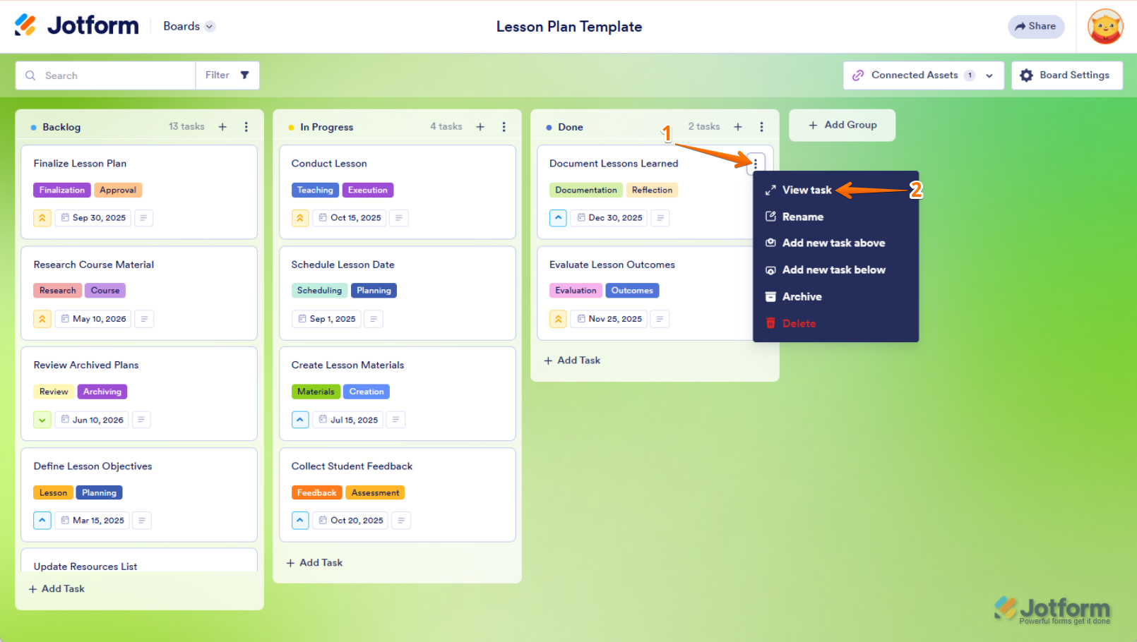 Click the Three Dots icon, and select View Task to manage assignees in Jotform