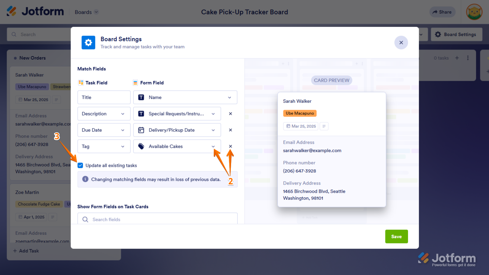 Remove Field button in the Match Fields section of the Board Settings window in Jotform Boards