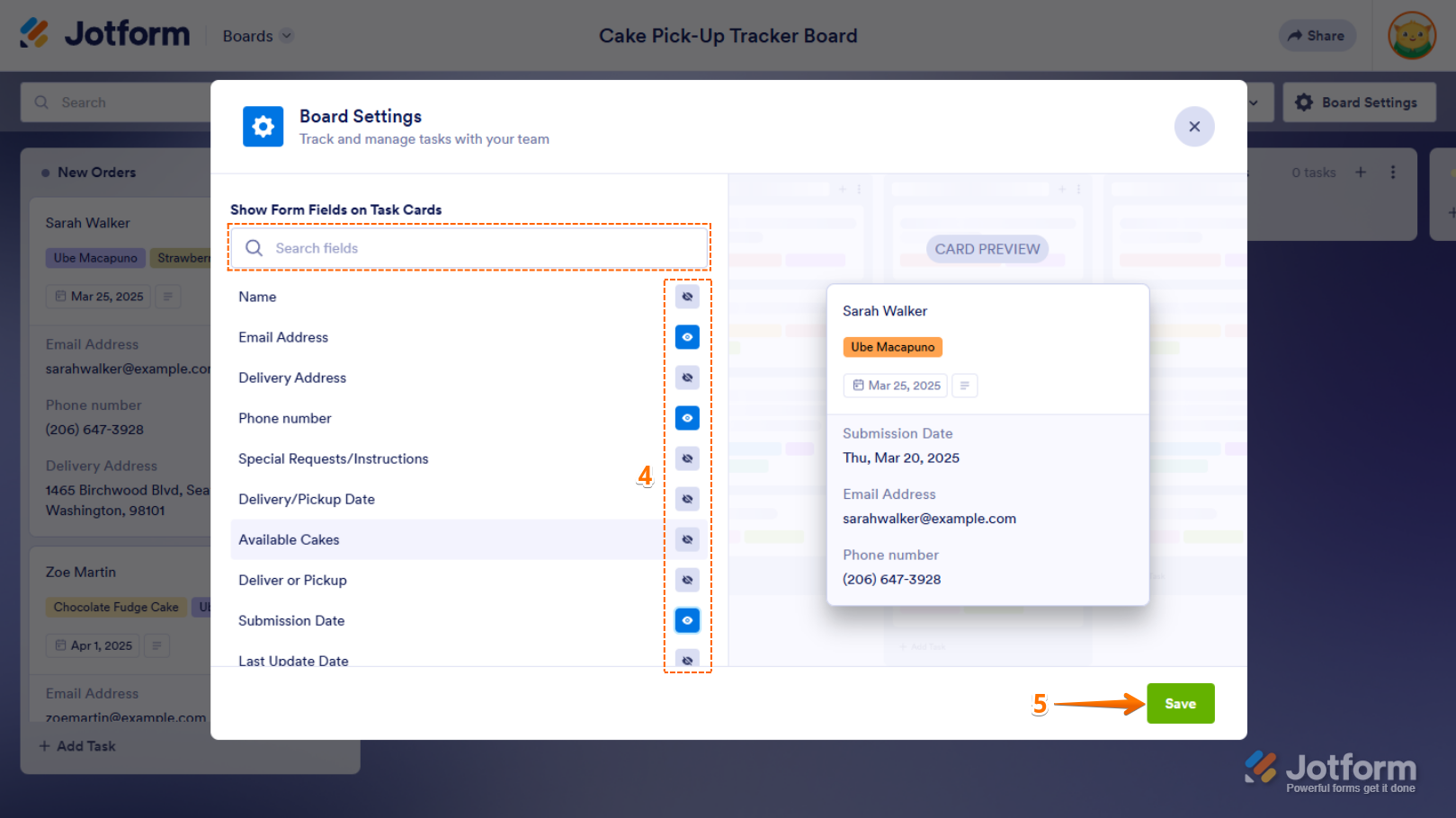 Show Form Fields on Task Cards section of the Board Settings window in Jotform Boards