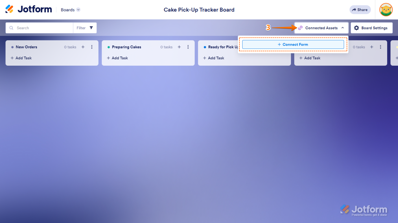 Connect Form button in the Connected Assets menu of Jotform Boards