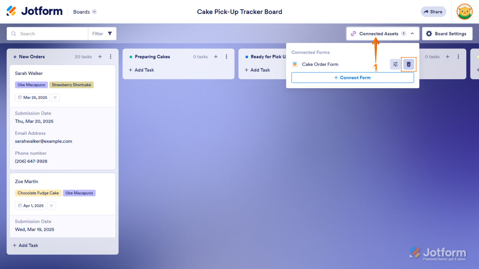 Delete Form button in the Connected Assets menu of Jotform Boards