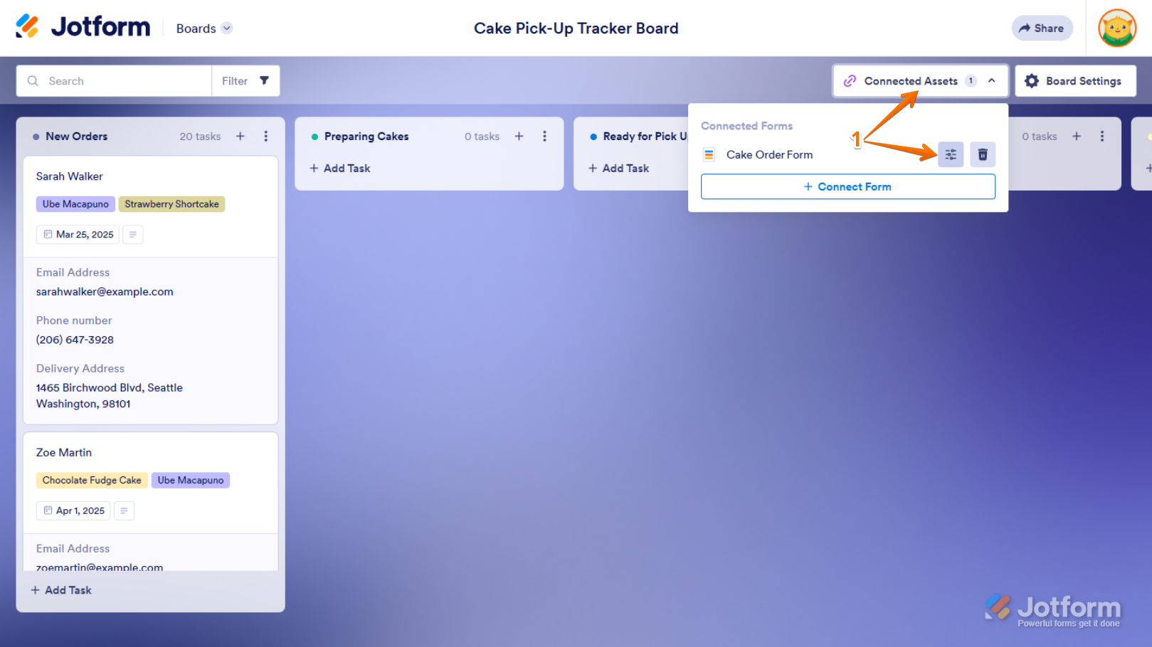 Form Settings button in the Connected Assets menu of Jotform Boards