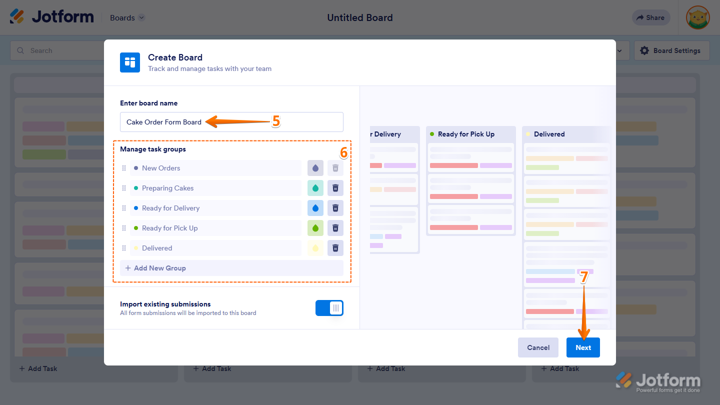 Board Name and Task Groups section in the Create Board window of Jotform Boards