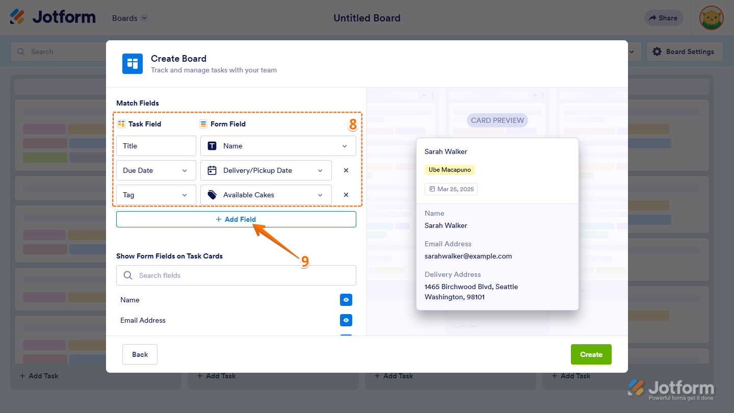 Add Field button in the Match Fields section of the Create Board window in Jotform Boards