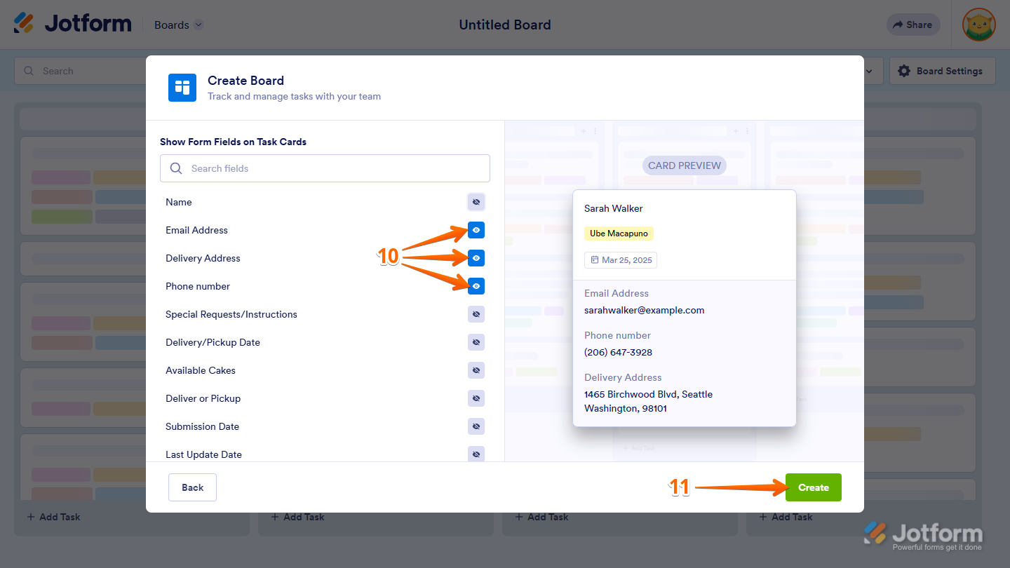 Show Form Fields on Task Cards section of the Create Board window in Jotform Boards