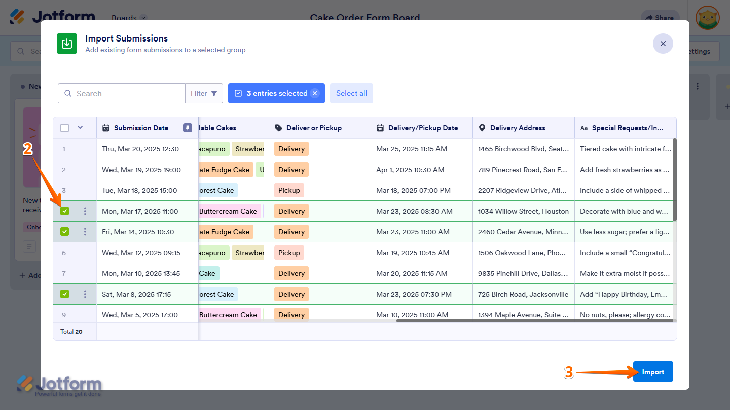 Import button in the Import Submissions window in Jotform Boards