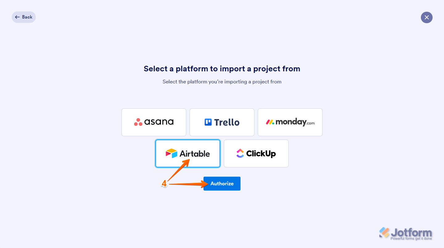 Choose 'Airtable' from the options, then click 'Authorize' to connect between Asana and Jotform