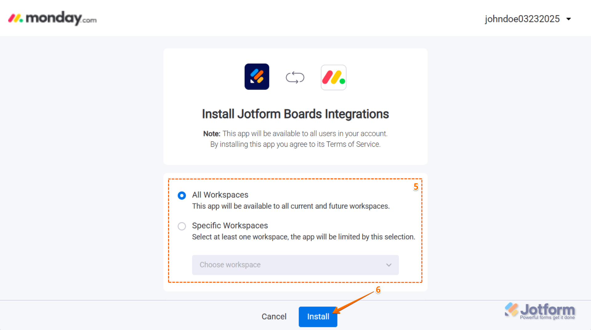 In the installation page, connect your Monday