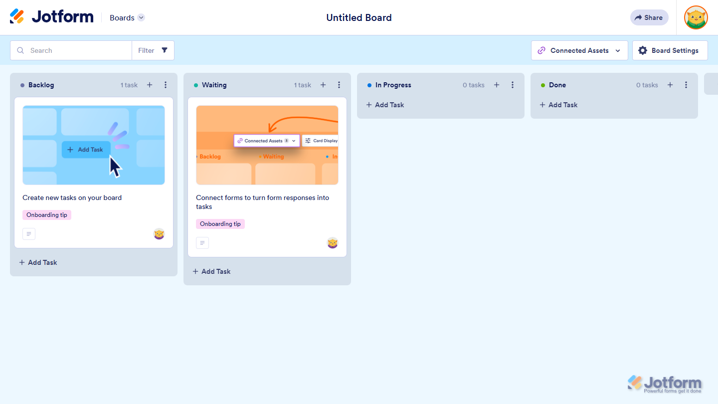Newly created board from scratch in Jotform Boards