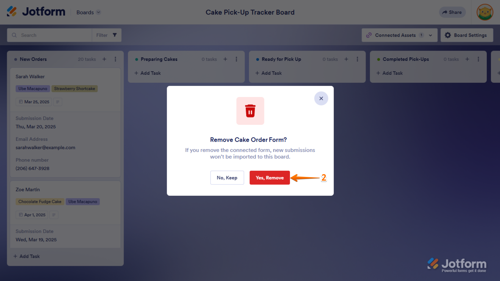 Yes, Remove button on the Remove Form Confirmation window of Jotform Boards