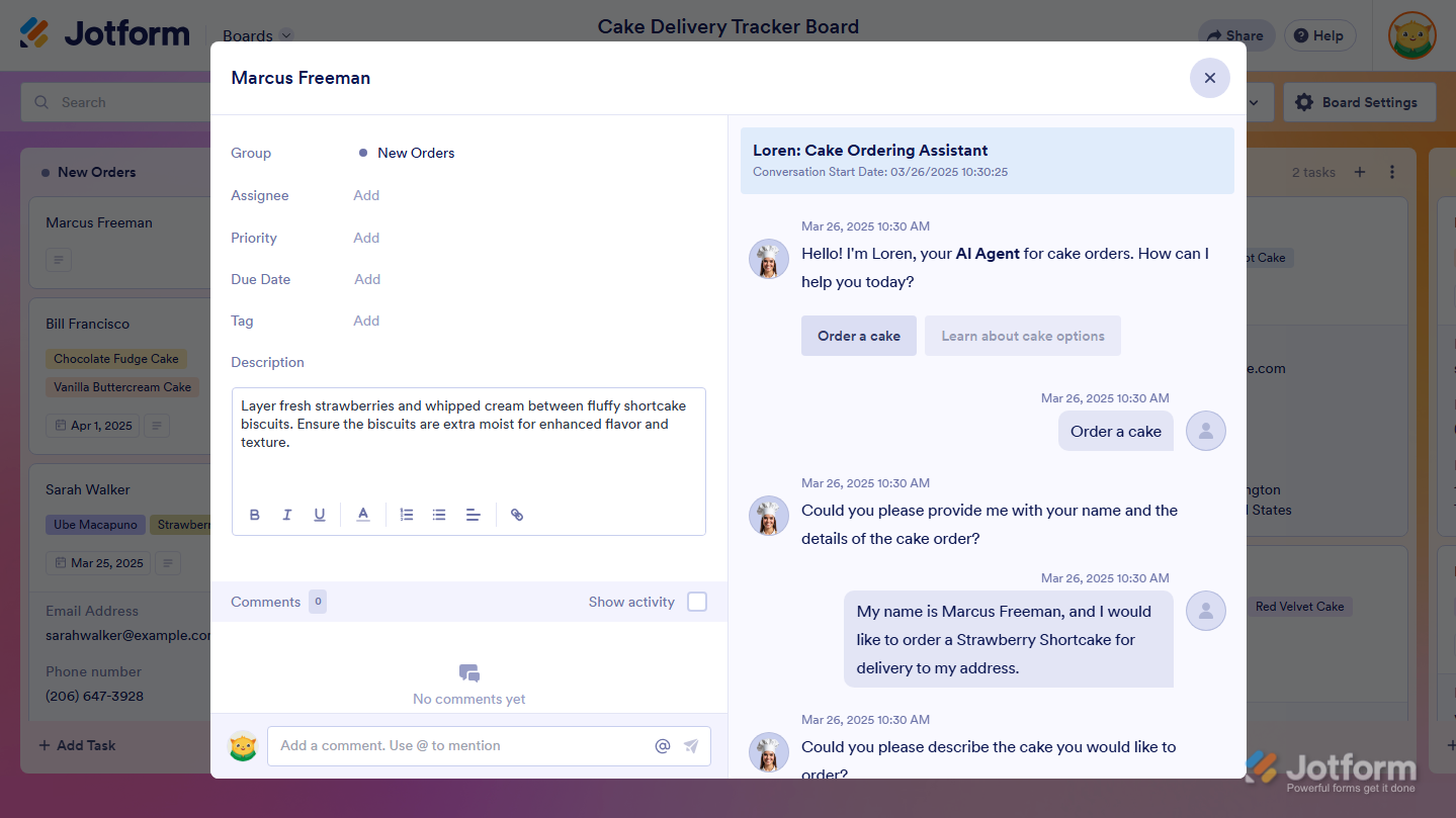 AI Agent conversation in the Task Details window on Jotform Boards