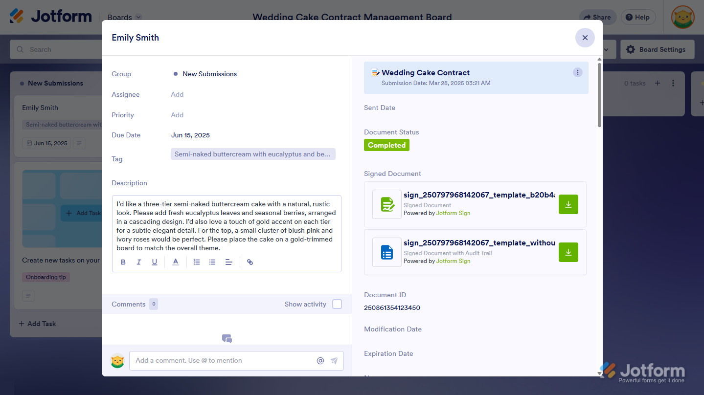 Signed document details in the Task Details window on Jotform Boards