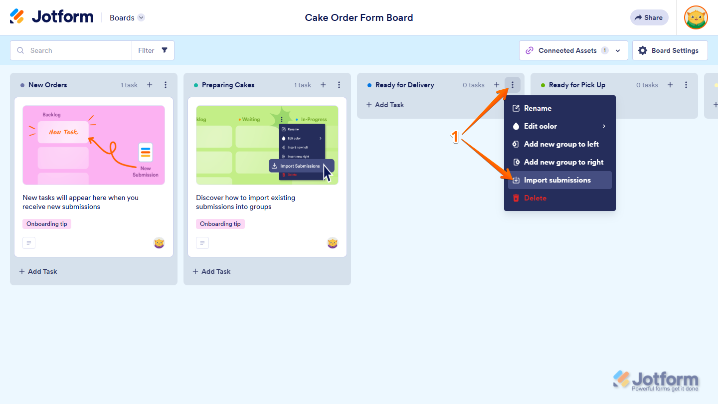 Import Submissions option in the Task Group menu in Jotform Boards