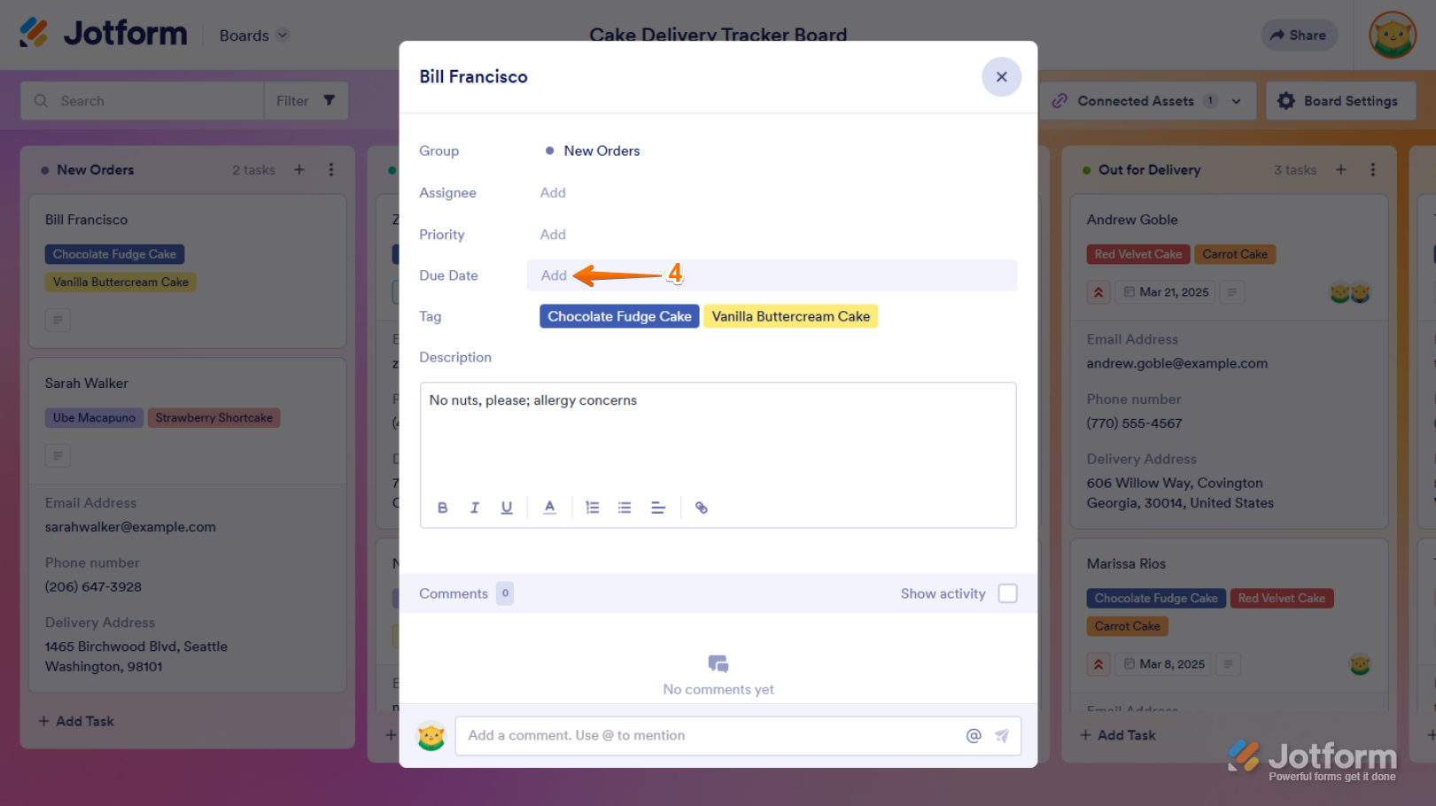 Add button of the Due Date task field in the Task View window in Jotform Boards