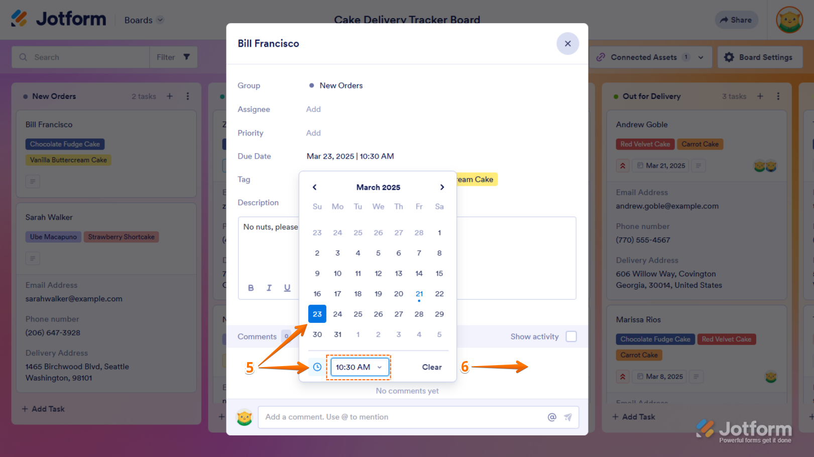 Calendar menu of the Due Date task field in the Task View window in Jotform Boards