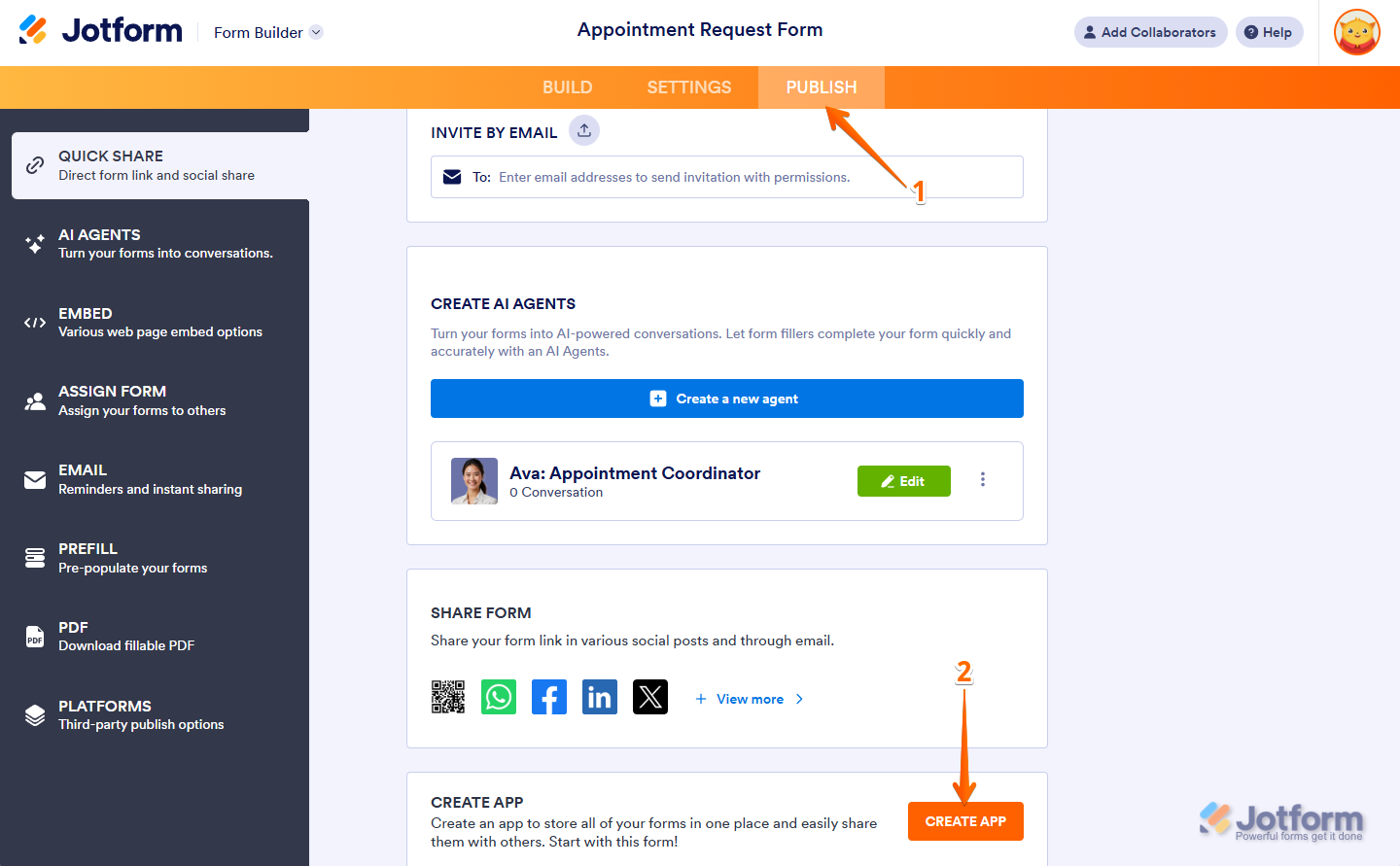 Cick "Publish" in the top orange navigation bar, then scroll down and select "Create App" in Jotform