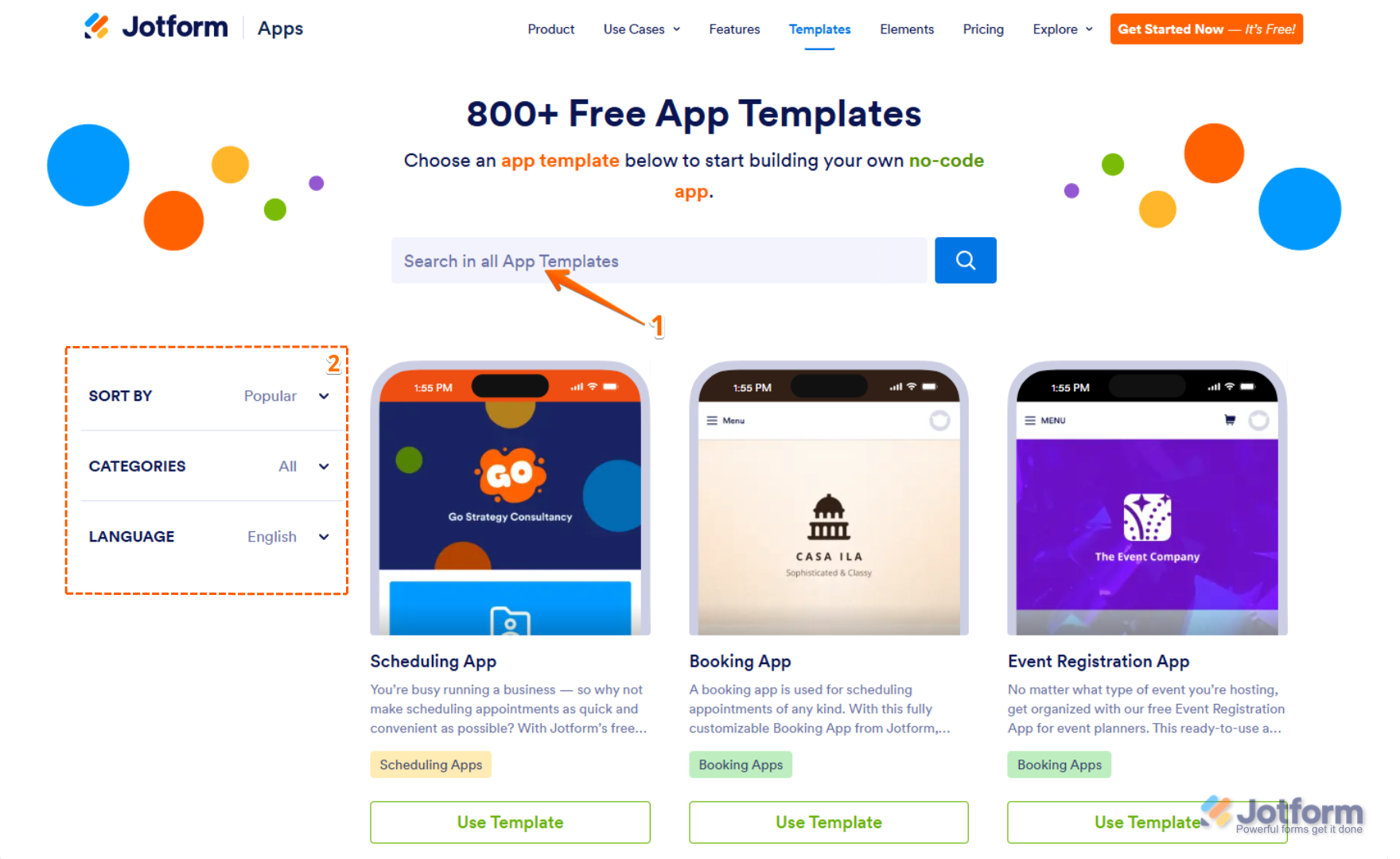 On the App Templates page, use the Search box to find a specific template or filter by Sort by, Categories, or Language in Jotform