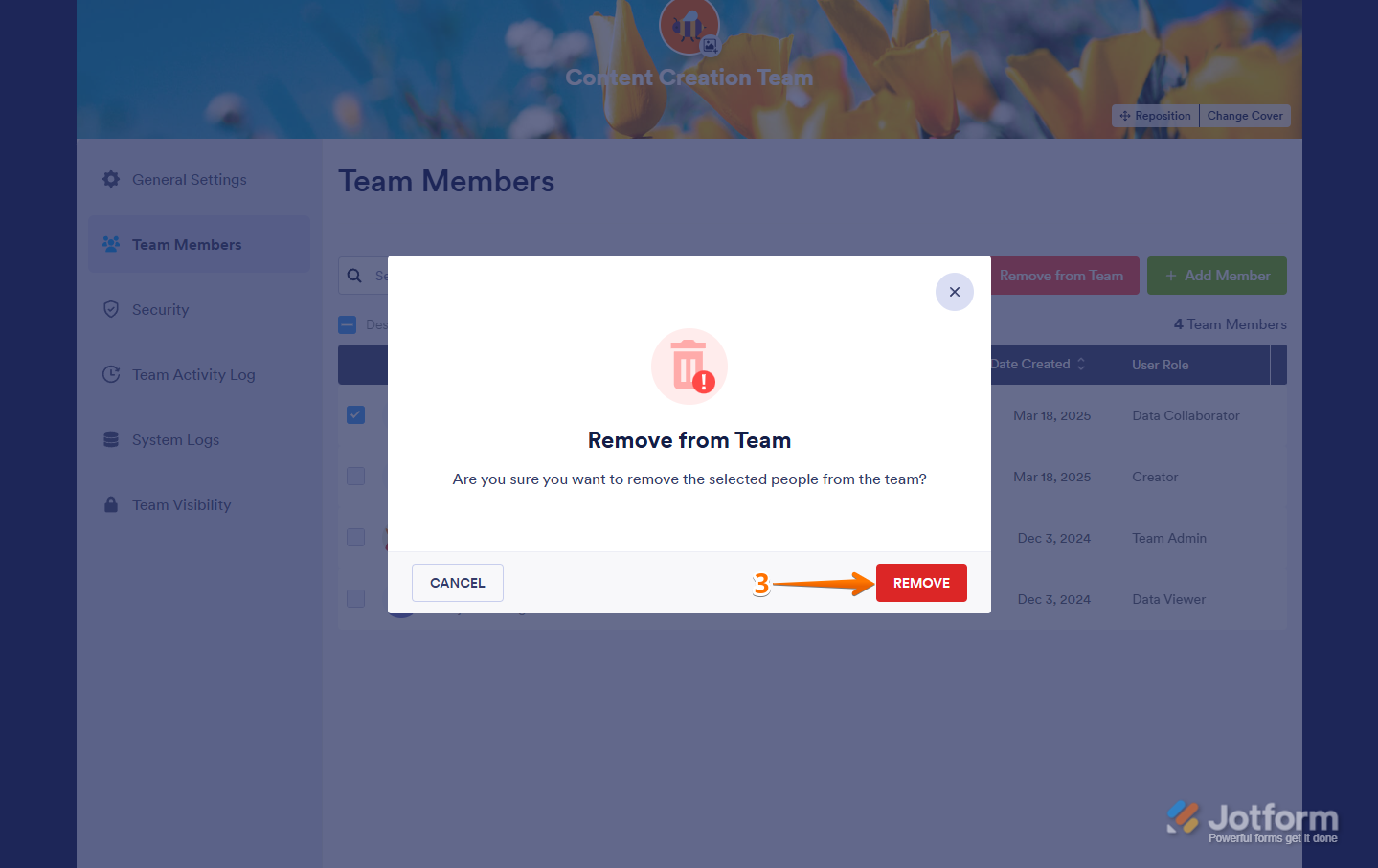 Confirming team member removal by selecting Remove in Jotform My Workspace