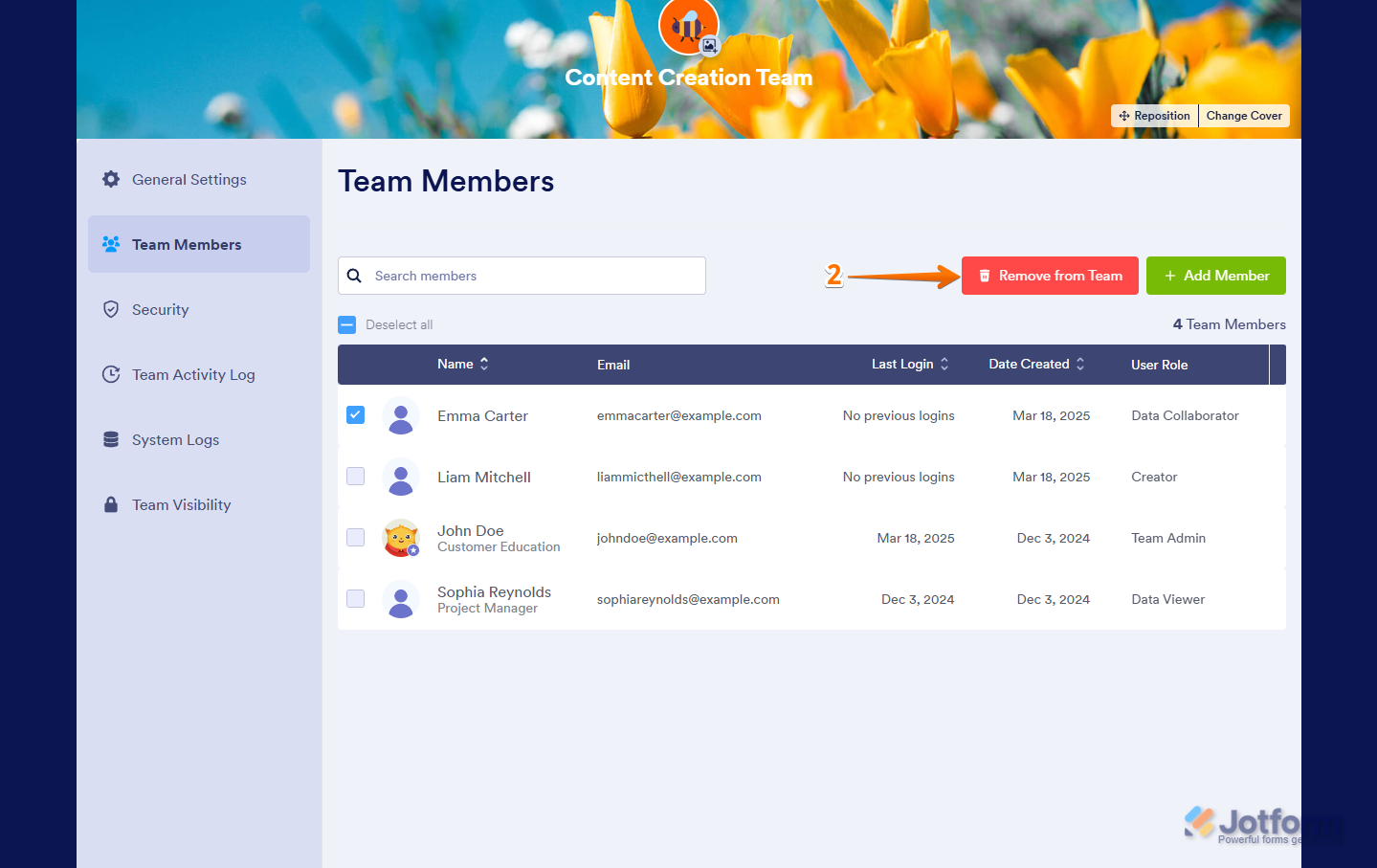 Clicking Remove From Team to revoke access in Jotform My Workspace