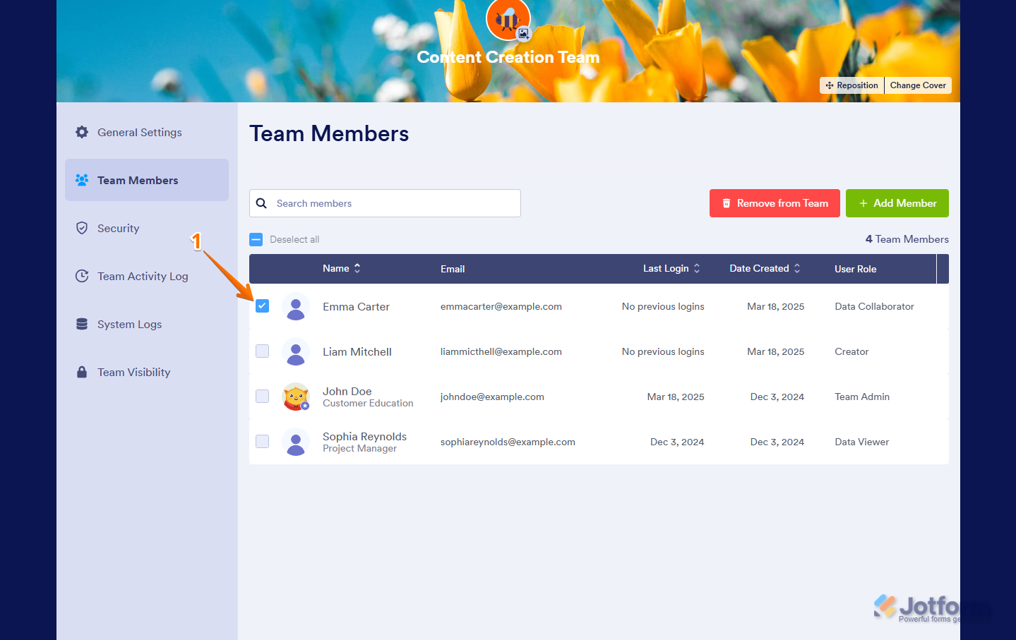 Selecting a team member for removal in Jotform My Workspace