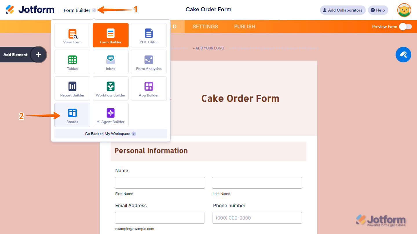 Boards option in App Picker menu of the Jotform Form Builder