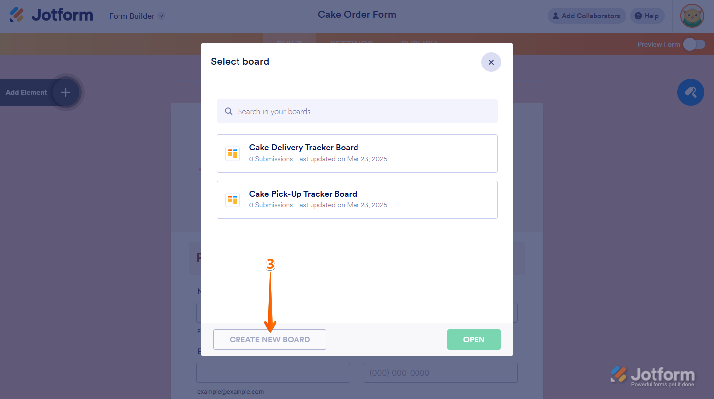 Create New Board button in the Select Board window of the Jotform Form Builder