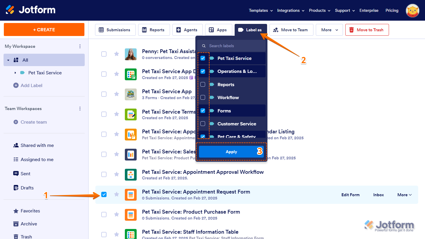 Apply button for selected labels in the Label As menu on the Jotform My Workspace page
