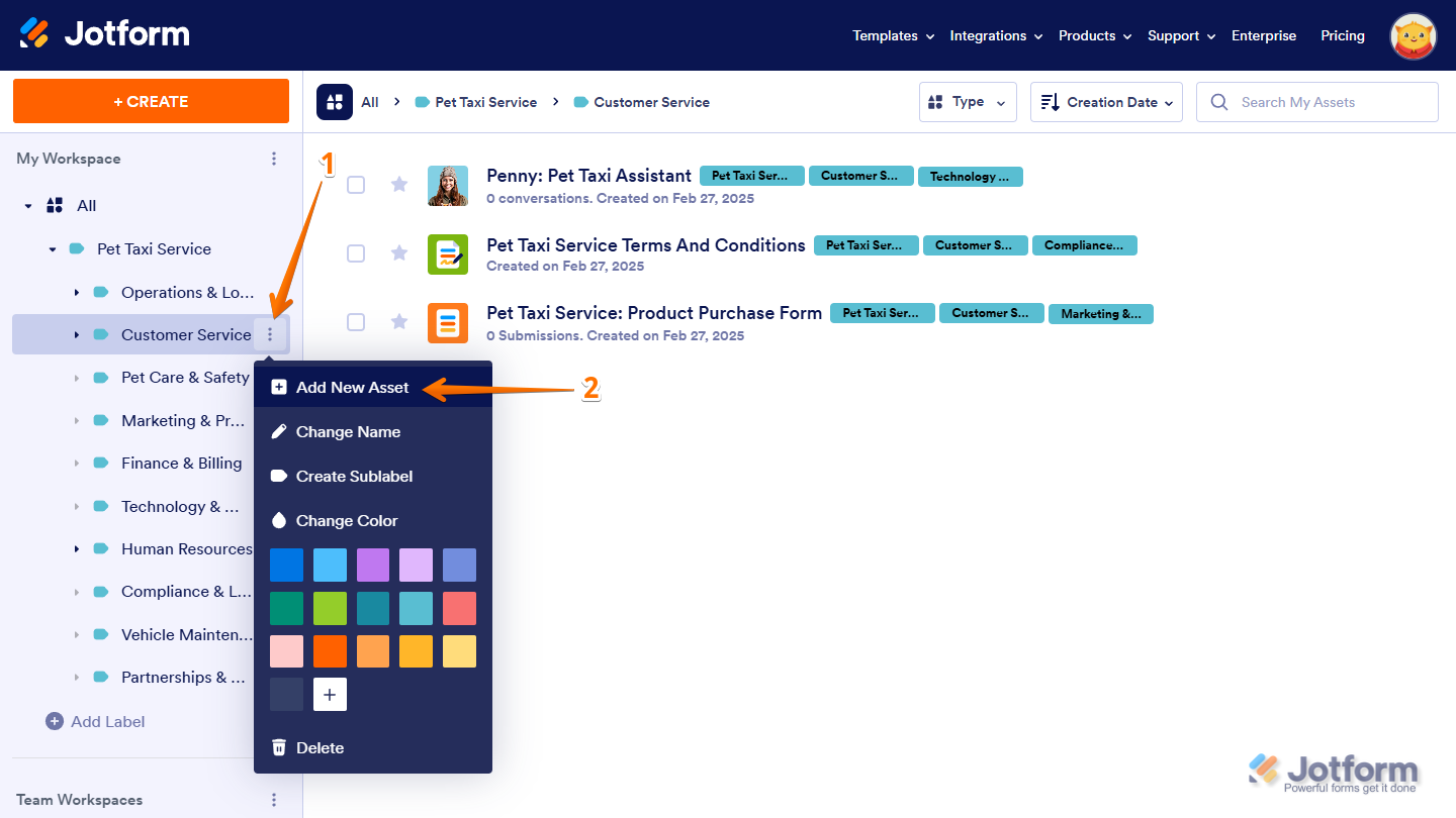 Add New Asset option in the Label menu on the Jotform My Workspace page