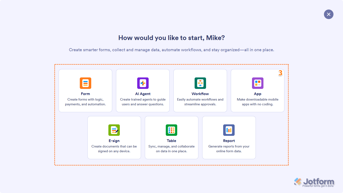 Select Asset window on the Jotform My Workspace page