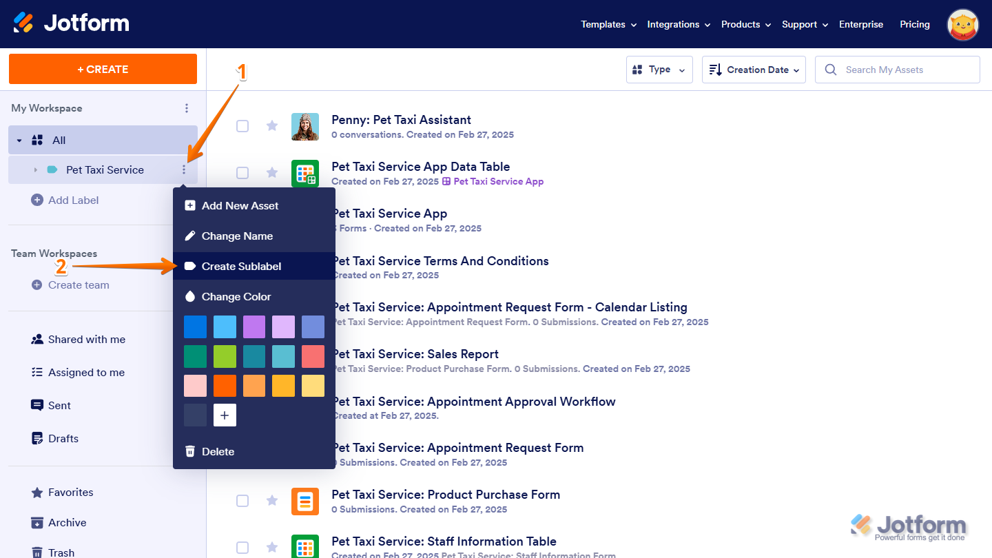 Create Sublabel option in the Label menu on the Jotform My Workspace page