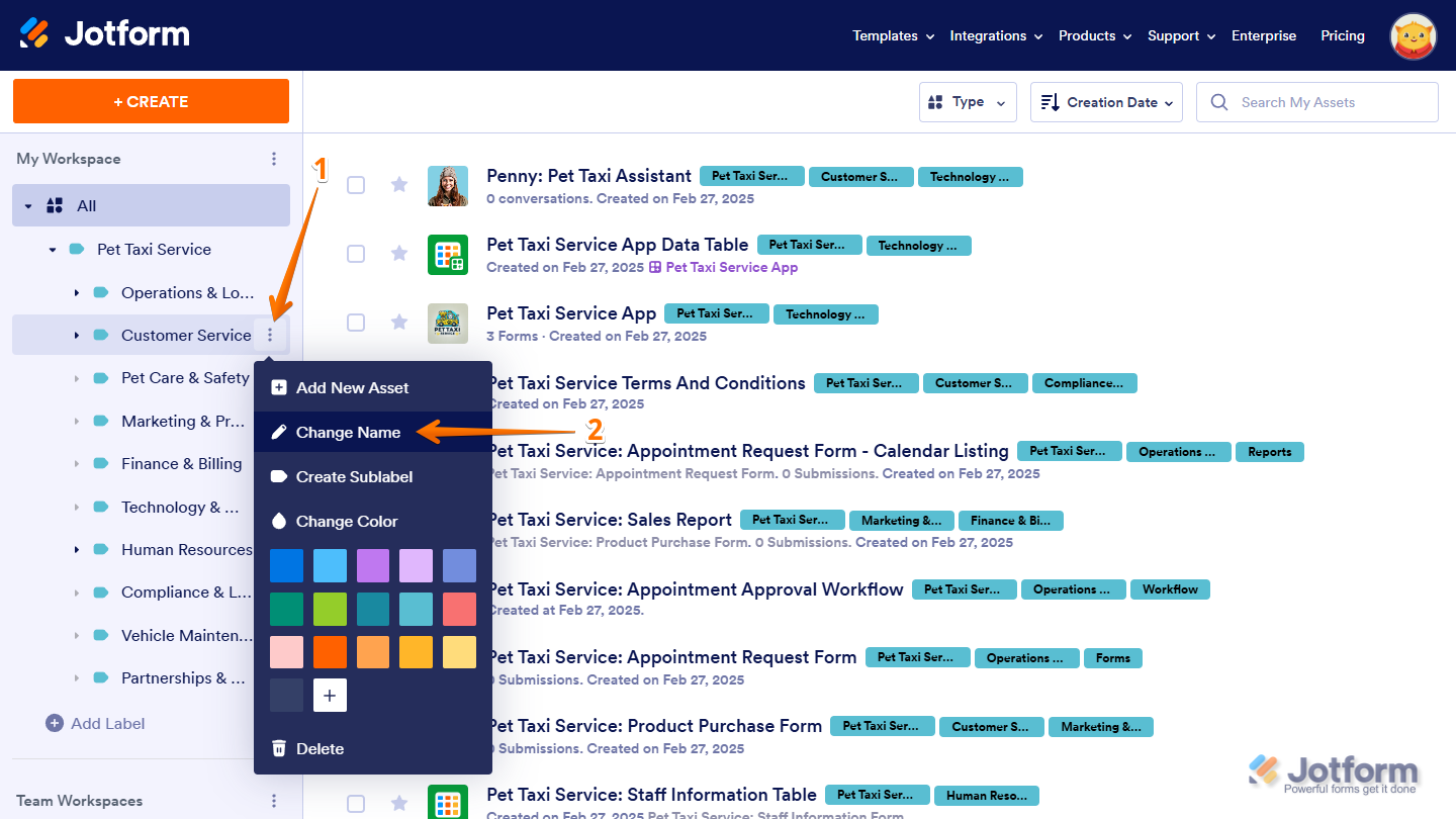 Change Name option in the Label menu on the Jotform My Workspace page
