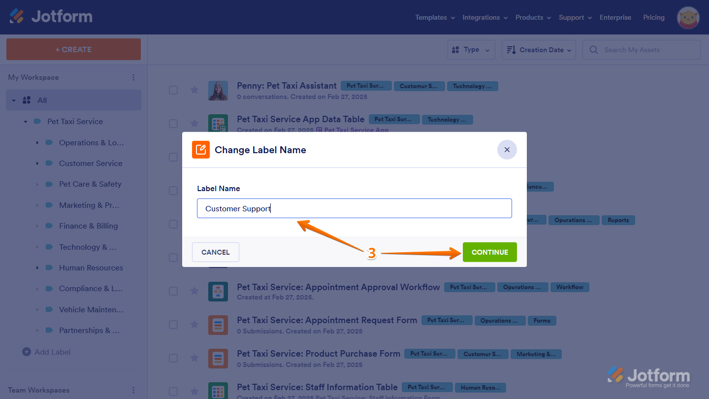Continue button of the Label Name input box in the Change Label Name window on the Jotform My Workspace page